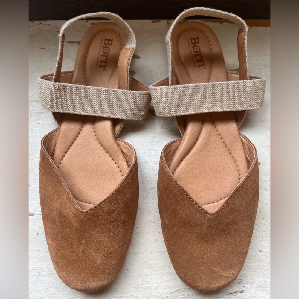 BORN® Coco Slingback Comfort Flat Cognac Brown Suede with Beige Straps Size 9M - Picture 7 of 11